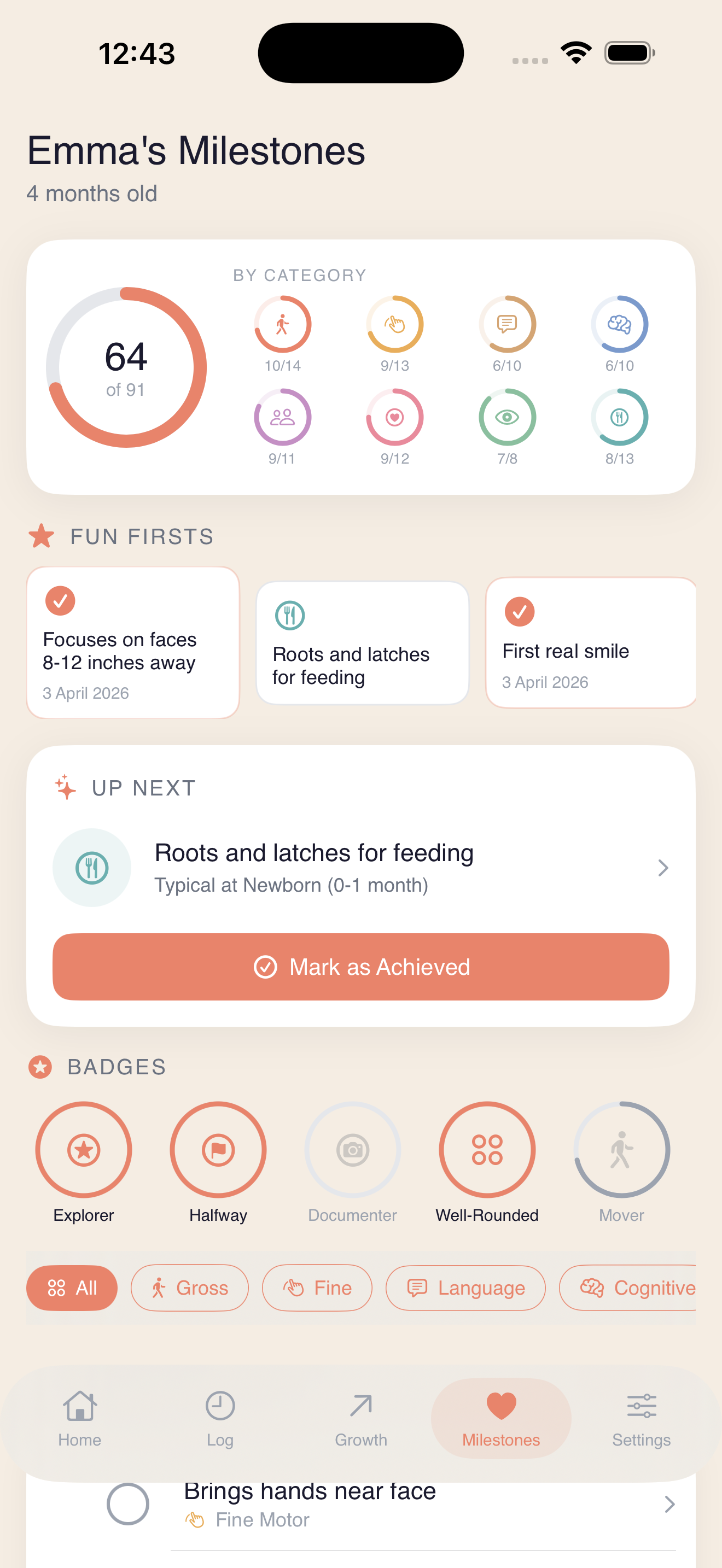 Milestones screen showing 64 of 91 milestones achieved across developmental categories with badges